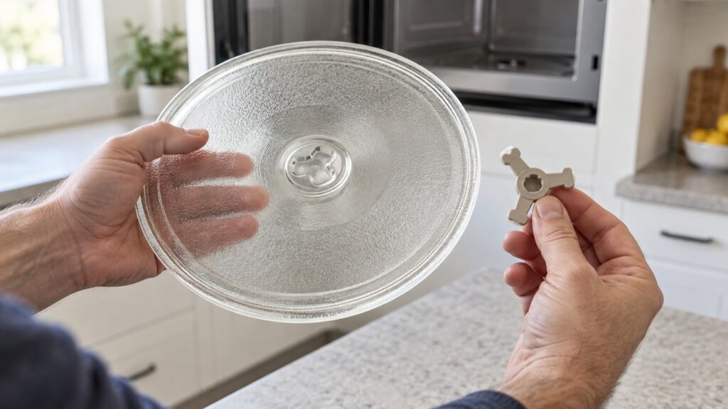A hand holding a three-armed plastic turntable coupler beside the recessed underside of a glass microwave plate