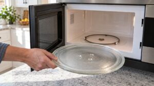 The open cavity of a microwave with the glass turntable plate lifted out and the roller ring visible on the floor
