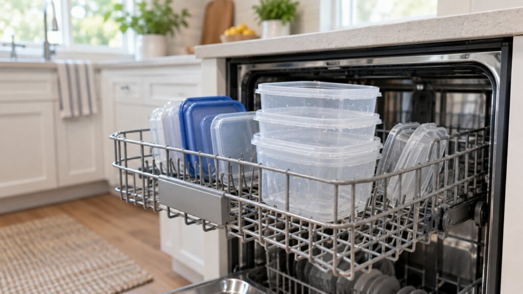 A stack of plastic food storage containers standing on the upper rack of an open dishwasher