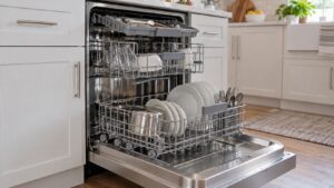 An open stainless dishwasher with both racks pulled out and a third utensil rack visible at the top