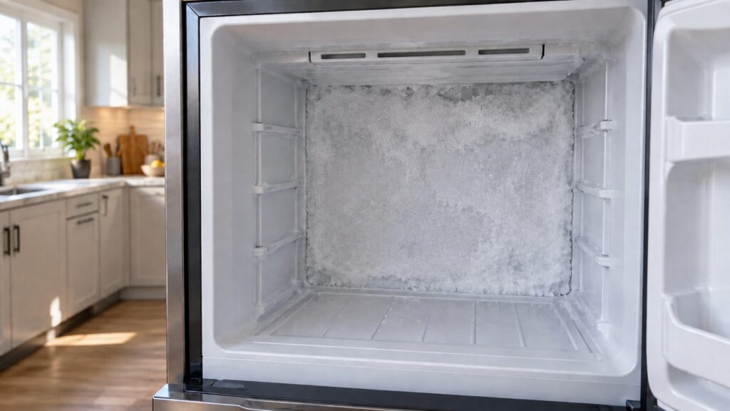 A layer of frost built across the rear wall panel inside a freezer compartment with the baskets removed