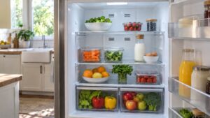 An open refrigerator with the fresh food compartment shelves visible and the air vents clear at the rear wall