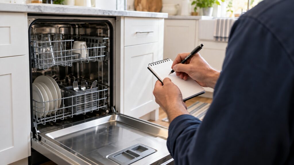 A hand writing on a small notepad beside an open dishwasher door in a kitchen