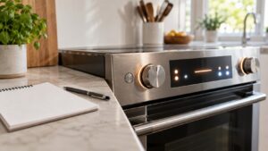 A lit appliance control panel seen close up at an angle in a kitchen with a notepad and pen resting nearby