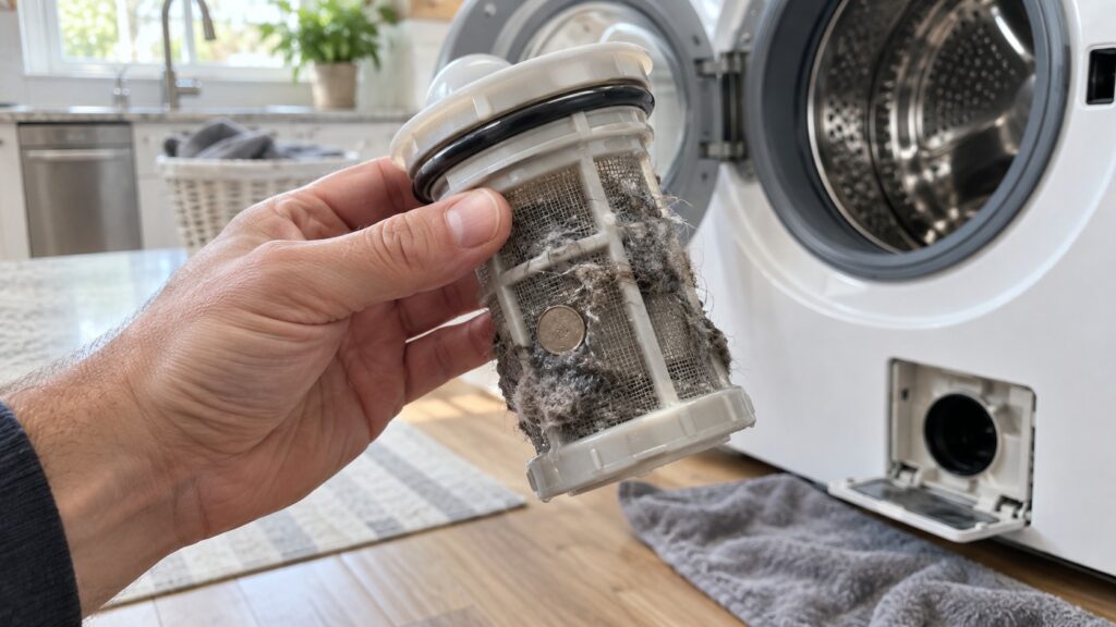 A hand holding a cylindrical washer drain pump filter with lint and a coin caught in its mesh