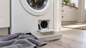 An open access panel at the bottom front of a white front-load washer with a shallow tray and towel on the floor