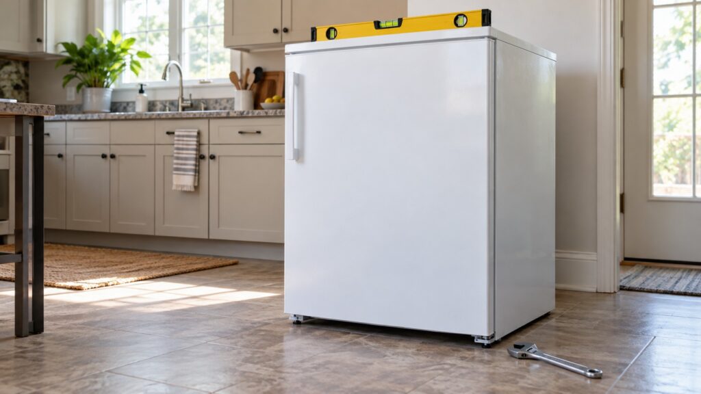 A spirit level laid across the top of a white upright freezer with a wrench resting beside the front foot