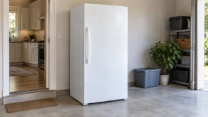 An upright standalone freezer standing against a garage wall with clear space around it and a concrete floor