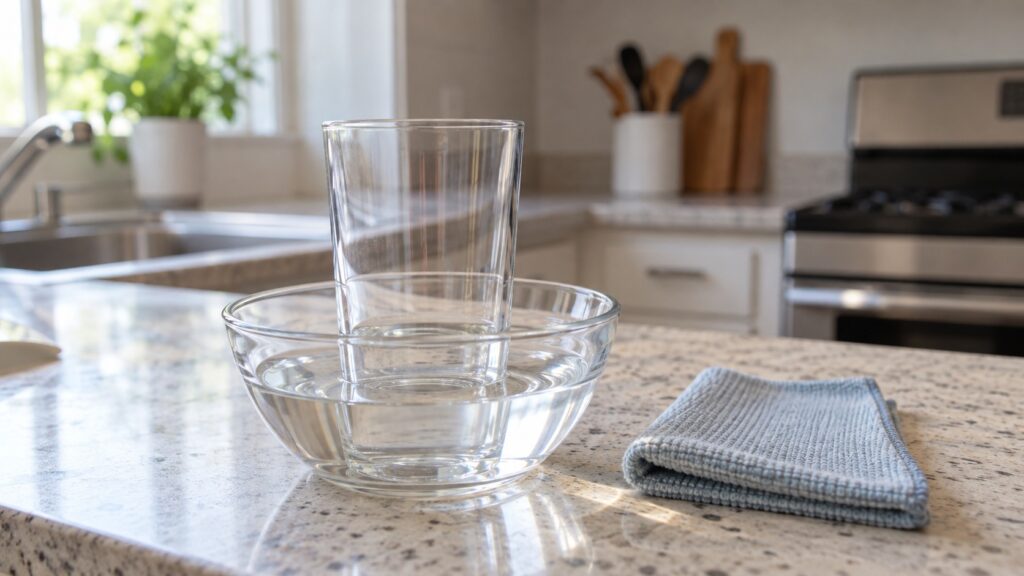 A single glass standing in a small bowl of clear vinegar on a kitchen counter beside a cloth