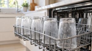 A row of drinking glasses on a dishwasher rack with a visible cloudy film on their surfaces