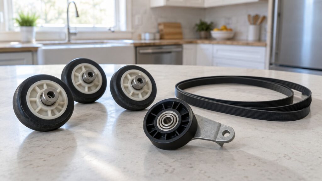 A set of small plastic drum rollers and an idler pulley laid out on a workbench beside a new belt