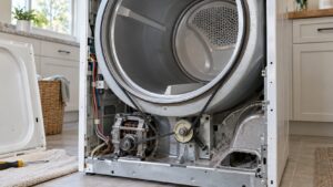 The open front panel of a dryer showing the drum belt running around the drum and down to the motor pulley